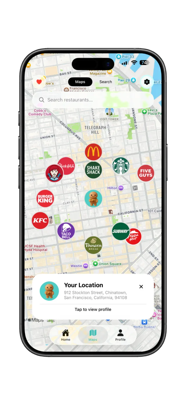 OrderFit map showing nearby restaurants